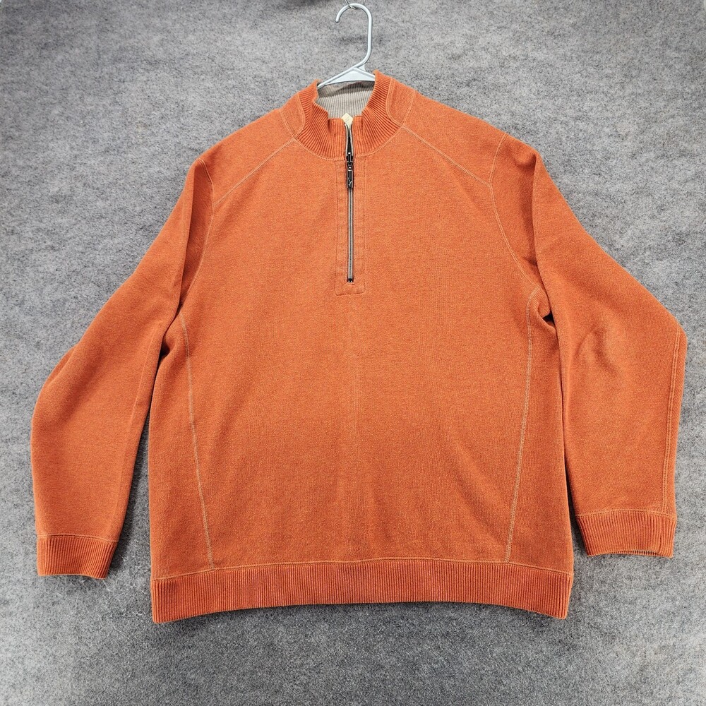 Tommy Bahama Sweater Womens Large Reversible Orange Beige 1/4 Zip